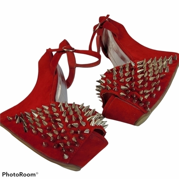 Punk rock platform shoes silver spikes heels red‎ 6.5 ankle - Picture 2 of 5